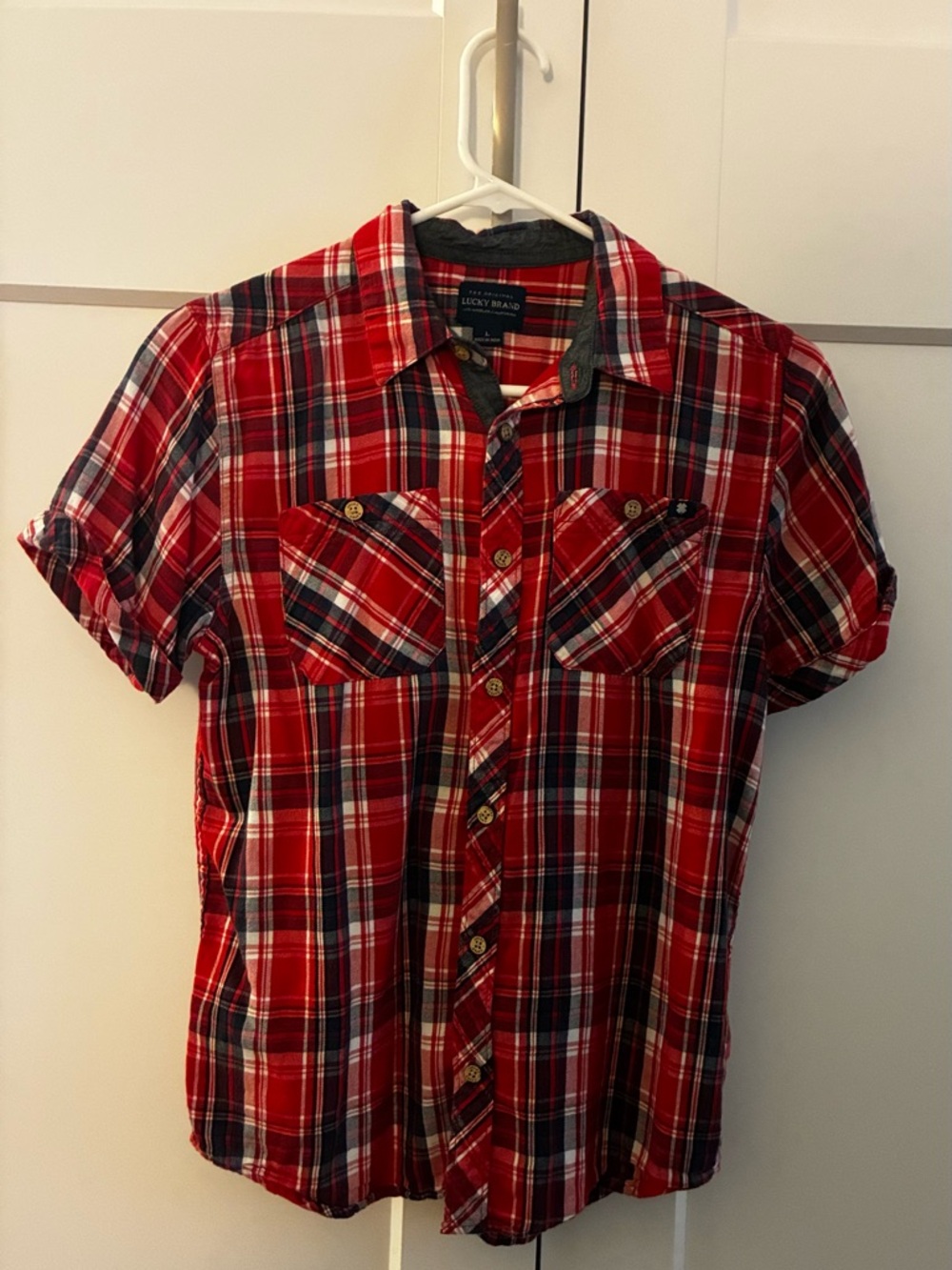 Lucky Brand Boy’s Red Plaid Short-Sleeve Shirt Size L
